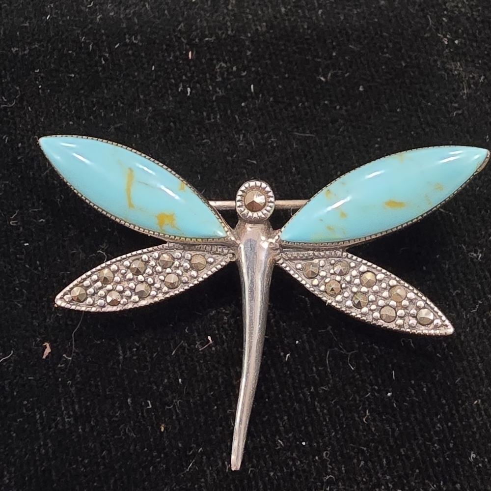 Dragonfly Sterling Silver Turquoise and Marcasite Southwest Style Pin Brooch